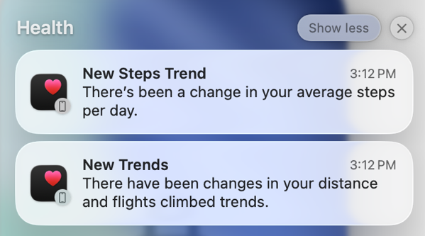 Notifications from Apple Health about a change in steps and flights climbed